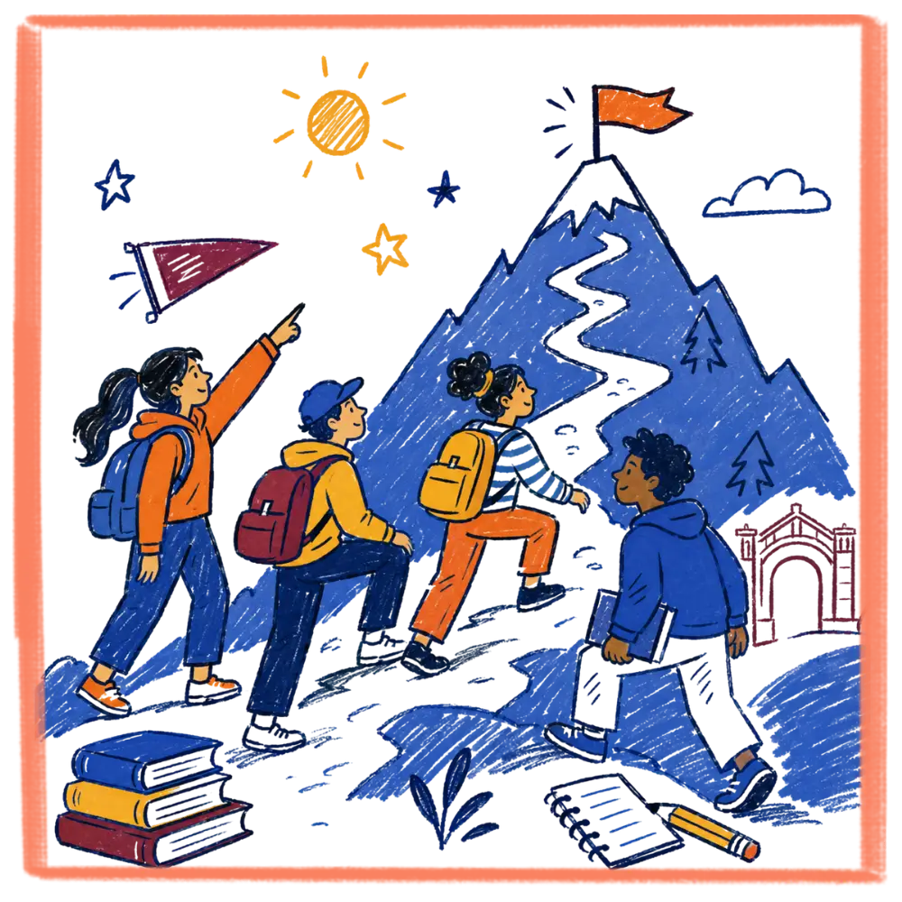 Students hiking up a mountain toward the summit flag